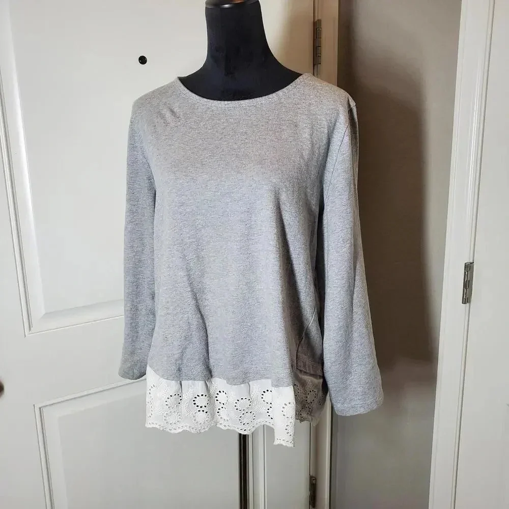 J. by J.CREW Women's Eyelet Lace Hem Gray and White Long Sleeve Top Size XL
